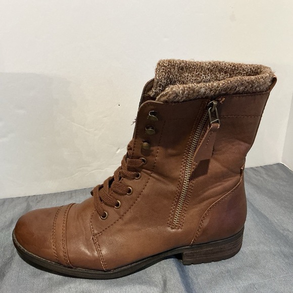 Women's 11 Brown Lace Up Combat Boots Faux Leather Side Zipper Edgy Military - Picture 4 of 9